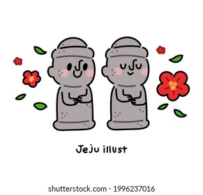 Camellia flower and cute Dolhareubang (traditional stone statue in Jeju Island, Korea). Jeju Island concept vector illustration.