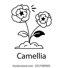 Camellia flower icon in doodle style 