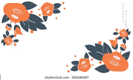 Camellia flower with Japanese wave pattern vector. Floral background in Asian style.