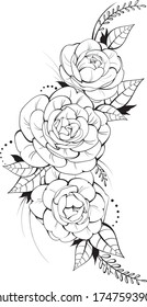 Camellia flower with leaves and round elements