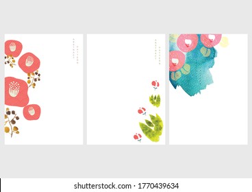 Camellia flower template with Japanese wave pattern vector. Abstract art background with watercolor texture. Brush stroke elements in Asian style.