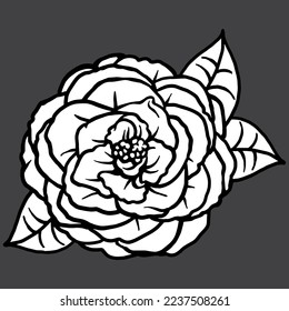 Camellia flower, white on black, great for t-shirts, stickers, coloring books, and more.