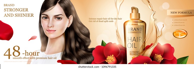 Camellia hair oil with beautiful long hair model and flower ingredient on glitter background.