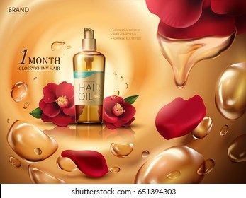 camellia hair oil contained in a bottle, with red camellia flowers and swirling oil drops, golden background 3d illustration