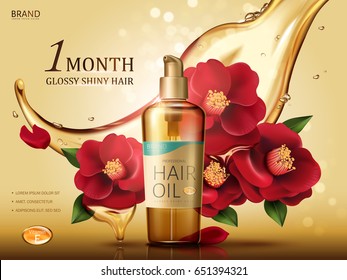 camellia hair oil contained in a bottle, with red camellia flowers and oil flow, golden background 3d illustration