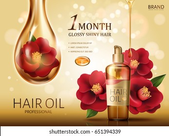 camellia hair oil contained in a bottle, with red camellia flowers and a huge oil drop covering a flower, golden background 3d illustration