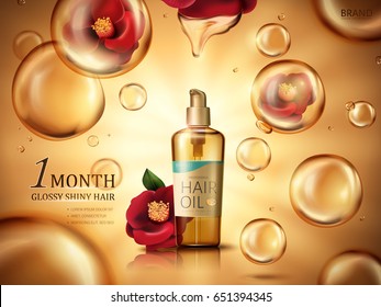 camellia hair oil contained in a bottle, with red camellia flowers and golden oil drops, golden background 3d illustration