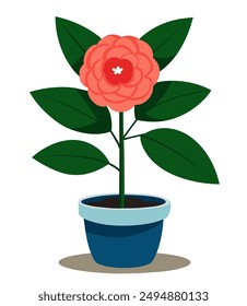 Camellia japonica flower. Indoor home plant in a pot. Cartoon style vector illustration.