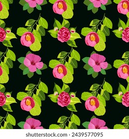 Camellia japonica and hibiscus. Seamless floral pattern with bright large flowers on a dark background.