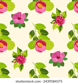 Camellia japonica and hibiscus. Seamless floral pattern of bright large flowers on a peach background. Vector illustration.