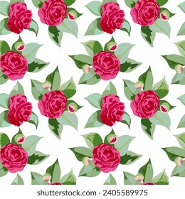 Camellia japonica. Vector seamless floral feminine pattern on a white background with large pink flowers.