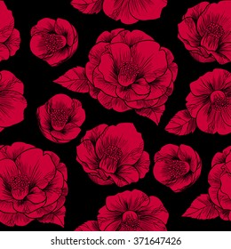 Camellia on a black background.Vector seamless pattern