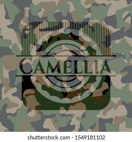 Camellia on camo texture. Vector Illustration. Detailed.
