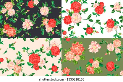 Camellia pattern set. Cartoon illustration of camellia vector pattern set for web design