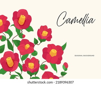 Camellia red flower frame vector for greeting card, poster, banners, posters and prints. Vector botany Tsubaki illustration