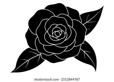 Camellia Silhueta ilustração vetorial com fundo branco. Arte em preto e branco.