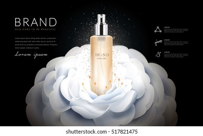 Camellia skin toner ads, elegant white camellia isolated on black background, 3d illustration