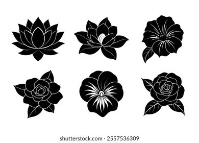 Camellia,pansy,gardenia,petunia,magnolia,lotus 6 flower bundle silhouette vector illustration