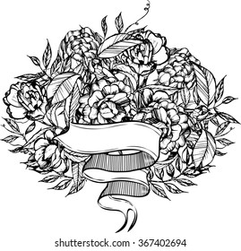 camellia,peonies,sweet pea,ribbon for your records,handmade,leaves,flowers, buds,banner ribbon isolated on white,vector illustration,card for you,coloring books for children and adults