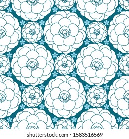 Camellias and cherry blossoms blue monochrome floral pattern. Modern Japanese print vector design background.