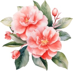 Camellias Watercolor Illustration. Hand Drawn Underwater Element Design. Artistic Vector Marine Design Element. Illustration For Greeting Cards, Printing And Other Design Projects.