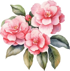 Camellias Watercolor Illustration. Hand Drawn Underwater Element Design. Artistic Vector Marine Design Element. Illustration For Greeting Cards, Printing And Other Design Projects.