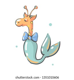 Camelopard with bow and mermaid fish tail nursery print , giraffe fantasy animal