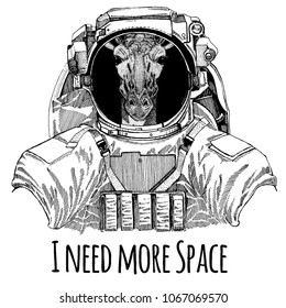 Camelopard, giraffe Astronaut. Space suit. Hand drawn image of lion for tattoo, t-shirt, emblem, badge, logo patch kindergarten poster children clothing