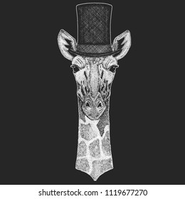 Camelopard, giraffe Top hat, cylinder. Hipster animal, gentleman. Classic headdress. Print for children t-shirt, kids clothing.