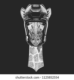 Camelopard, giraffe Wild animal wearing hockey helmet. Print for t-shirt design.