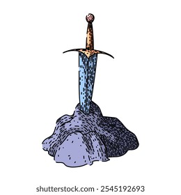 camelot espada pedra mão desenhada. cavaleiros mágicos, profecia destino, grã-bretanha medieval camelot espada pedra vetor esboço.