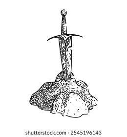 Caballeros mágicos, profecía del destino, boceto medieval del Vector de la piedra de la espada del camelot de Gran Bretaña. ilustración negra aislada