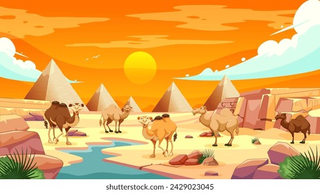 Camels by water near pyramids under a sunset sky