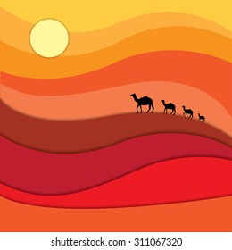 Camels caravan across desert under the sun