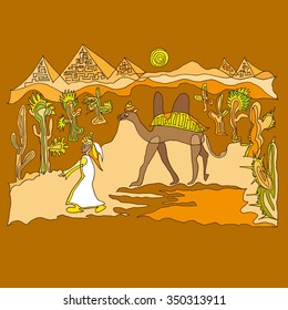 Camels caravan going through the desert. 