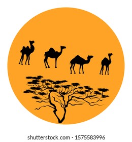Camels caravan, saquoy - round icon - isolated on white background - vector. Environmental Protection. Animal world.