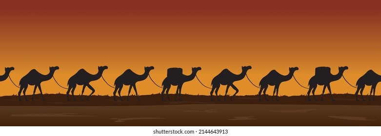 Camels caravan travelling through desert on sunset seamless vector illustration