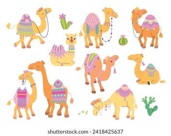 Camels characters cartoon set. Desert animals, funny camel with carpet and saddle. Arabian animal, children cute nowaday vector collection