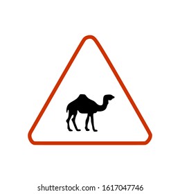 camels crossing the road, warning sign