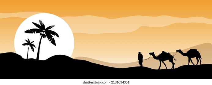 camels in desert in the evening banner, vector landscape, digital artwork