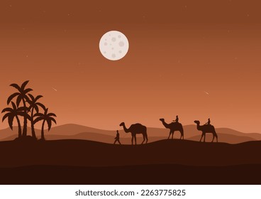 camels in the desert with a full moon at night, vector illustration.