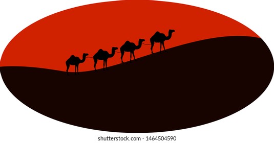 Camels in desert, illustration, vector on white background.