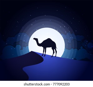 Camels in the desert night, moon