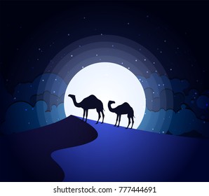 Camels in the desert night, moon