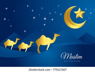 Camels in the desert night with moon