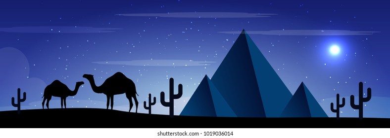 Camels in the desert night, moon, paper art