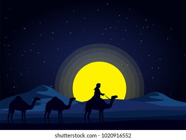 Camels in the desert night, moon, paper art