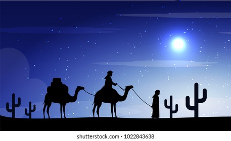 Camels in the desert night, moon, paper art