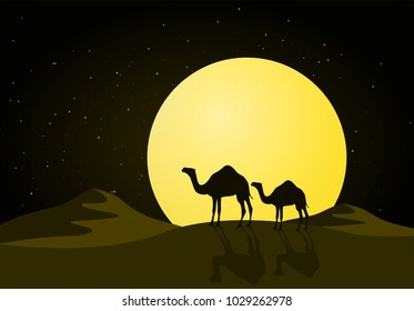 Camels in the desert night, moon, paper art