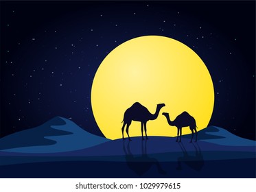 Camels in the desert night, moon, paper art